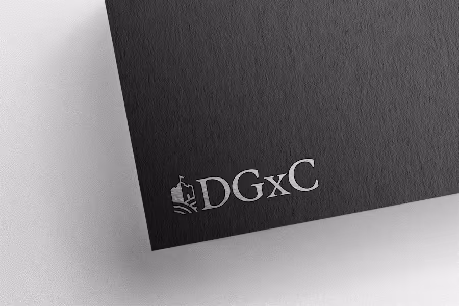 Silver DGxC logo with a stylized building and flag icon on textured dark paper.