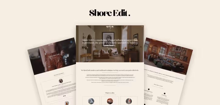 Website layout for Shore Edit, a marketing and PR agency, featuring three overlapping pages with text and images of cozy, stylish interiors.